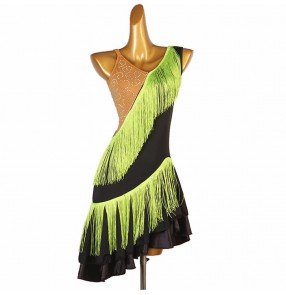 Women girls black with green latin dance dresses salsa rumba chacha ballroom stage performance costumes for female